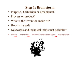 Step 1: Brainstorm
• Purpose? Utilitarian or ornamental?
• Process or product?
• What is the invention made of?
• How is it used?
• Keywords and technical terms that describe?
• Vehicle Automobile Internal Combustion Engine Fuel Injection
 
