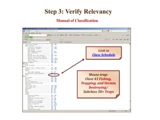 Step 3: Verify Relevancy
Mouse trap:
Class 43 Fishing,
Trapping, and Vermin
Destroying/
Subclass 58+ Traps
Link to
Class Schedule
Manual of Classification
 