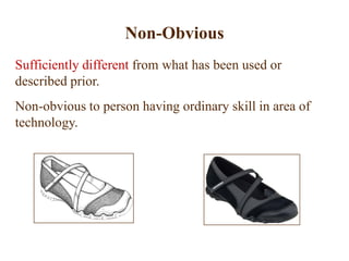 Non-Obvious
Sufficiently different from what has been used or
described prior.
Non-obvious to person having ordinary skill in area of
technology.
 