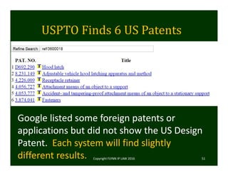 USPTO	Finds	6	US	Patents
Copyright FLYNN IP LAW 2016     51
Google listed some foreign patents or 
applications but did not show the US Design 
Patent.  Each system will find slightly 
different results.  
 