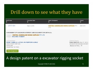 Drill	down	to	see	what	they	have
Copyright FLYNN IP LAW 2016     71
A design patent on a excavator rigging socket
 