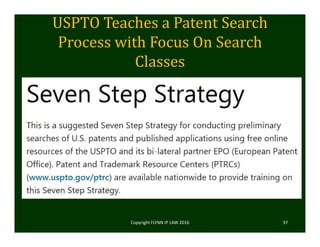 USPTO	Teaches	a	Patent	Search	
Process	with	Focus	On	Search	
Classes
Copyright FLYNN IP LAW 2016     97
 