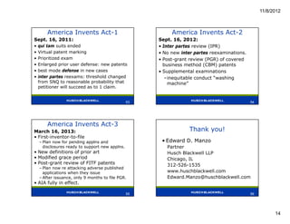 11/8/2012



        America Invents Act-1                              America Invents Act-2
Sept. 16, 2011:                                       Sept. 16, 2012:
•   qui tam suits ended                               • Inter partes review (IPR)
•   Virtual patent marking                            • No new inter partes reexaminations.
•   Prioritized exam                                  • Post-grant review (PGR) of covered
•   Enlarged prior user defense: new patents            business method (CBM) patents
•   best mode defense in new cases                    • Supplemental examinations
•   inter partes reexams: threshold changed              –inequitable conduct “washing
    from SNQ to reasonable probability that               machine”
    petitioner will succeed as to 1 claim.


                                                 53                                           54




        America Invents Act-3
March 16, 2013:                                                   Thank you!
• First-inventor-to-file
    – Plan now for pending applns and                  • Edward D. Manzo
      disclosures ready to support new applns.           Partner
• New definitions of prior art                           Husch Blackwell LLP
• Modified grace period                                  Chicago, IL
• Post-grant review of FITF patents                      312-526-1535
    – Plan now re attacking adverse published
      applications when they issue                       www.huschblackwell.com
    – After issuance, only 9 months to file PGR.         Edward.Manzo@huschblackwell.com
• AIA fully in effect.

                                                 55                                           56




                                                                                                         14
 