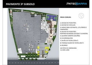 PAVIMENTO 3º SUBSOLO

          10

  11
                       9
                                                               ÁREAS COMUNS:
                                                   5
                                   6
                                                               1) ACESSO DE PEDESTRES
                                                               2) ACESSO DE VEÍCULOS
                                                               3) VAGAS PARA VISITANTES, UTILITÁRIOS E
                                                       7
                                                               CAMINHÕES
                                                               4) ACESSO DE PEDESTRES
                                                           8   PORTARIA BLINDADA (ESCADA E ELEVADOR)
                                                               5) QUADRA COBERTA (GALPÃO)
                                                               6) CHURRASQUEIRA
                                                               7) SALÃO DE FESTAS (350m²)
                                               4               8) TERRAÇO SALÃO DE FESTAS (40m²)
                                                               9) REDÁRIO
                                                               10) PISTA DE CAMINHADA
                           3               3                   11) DOG LAND


                               2       1
 