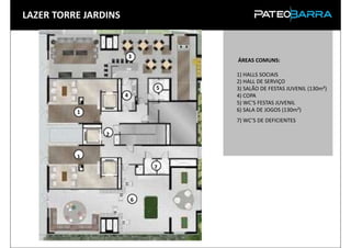 LAZER TORRE JARDINS


                          3
                                  ÁREAS COMUNS:

                                  1) HALLS SOCIAIS
                                  2) HALL DE SERVIÇO
                              5   3) SALÃO DE FESTAS JUVENIL (130m²)
                      4           4) COPA
                                  5) WC’S FESTAS JUVENIL
          1                       6) SALA DE JOGOS (130m²)
                                  7) WC’S DE DEFICIENTES

                2


          1
                              7




                          6
 