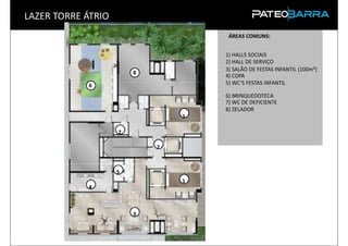 LAZER TORRE ÁTRIO
                                      ÁREAS COMUNS:


                                     1) HALLS SOCIAIS
                                     2) HALL DE SERVIÇO
                                     3) SALÃO DE FESTAS INFANTIL (100m²)
                         8
                                     4) COPA
             6                       5) WC’S FESTAS INFANTIL

                                     6) BRINQUEDOTECA
                                     7) WC DE DEFICIENTE
                                     8) ZELADOR
                                 1

                     7

                             2



                     5
                                 1
             4



                         3


PRODUTO
 