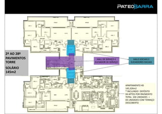 2º AO 28º
PAVIMENTOS     HALL DE SERVIÇO E         HALLS SOCIAIS E
TORRE        ELEVADOR DE SERVIÇO       ELEVADORES SOCIAIS

SOLÁRIO
145m2


                                   APARTAMENTO 4D
                                   145,326m2
                                   * INCLUINDO DEPÓSITO
                                   04 APTOS POR PAVIMENTO
                                   TOTAL: 104 UNIDADES +
                                   04 UNIDADES COM TERRAÇO
                                   DESCOBERTO
 