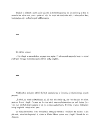 Imediat ce străinul a auzit aceste cuvinte, a dispărut (deoarece era un demon) şi a lăsat în
urma lui un miros urât, care a ţinut trei zile. Ar trebui să menţionăm aici că diavolul nu face
închinăciuni, nici nu I se închină lui Dumnezeu.




     ***




     Un părinte spunea:

      – Un călugăr se aseamănă cu un peşte mic, agitat. El ştie cum să scape din lume, ca micul
peşte care ocoleşte momeala ascunsă într-un cârlig ucigător.




     ***




     Vrednicul de pomenire părinte Gavriil, egumenul de la Dionisiu, ne spunea mereu această
poveste:

      „În 1910, cu harul lui Dumnezeu, eu, cel mai mic dintre toţi, am venit în acest loc sfânt,
pentru a deveni călugăr. Ceea ce am de gând să vă spun s-a întâmplat nu cu mult înainte de a
veni. Am întrebat despre aceasta şi toţi mi-au spus acelaşi lucru, de vreme ce era o întâmplare
rară şi originală. Iată ce mi s-a spus:

      Cu patru ani înainte a fost o persoană cu înfăţişare blândă ce venise aici din Salonic. El era
plăcintar, unicul fiu la părinţi, şi venise la Sfântul Munte pentru a se călugări. Numele lui era
Atanasie.
 