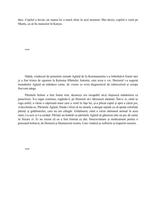 tău». Copilul a înviat, iar mama lui a murit chiar în acel moment. Mai târziu, copilul a venit pe
Munte, ca să fie muncitor în Karyes.




     ***




      Odată, vrednicul de pomenire monah Aglaid de la Konstamonitu s-a îmbolnăvit foarte tare
şi a fost trimis de egumen la Katisma Sfântului Antonie, care avea o vie. Doctorul i-a sugerat
monahului Aglaid să mănânce carne, de vreme ce avea diagnosticul de tuberculoză şi scuipa
frecvent sânge.

      Părintele bolnav a fost foarte trist, deoarece era incapabil să-şi slujească mănăstirea ca
paraclisier. S-a rugat continuu, rugându-L pe Domnul să-i dăruiască sănătate. Într-o zi, când se
ruga astfel, a văzut o căprioară mare care a venit în faţa lui, şi-a plecat capul şi apoi a căzut jos,
zvârcolindu-se. Părintele Aglaid, fiindu-i frică să nu moară, a alergat repede ca să spună celorlalţi
părinţi şi grădinarului, care nu era călugăr. Grădinarul, când a văzut sărmanul animal în acea
stare, l-a ucis şi l-a curăţat. Părinţii au hotărât ca părintele Aglaid să gătească câte un pic de carne
în fiecare zi. Ei au crezut că ea a fost trimisă ca dar, binecuvântare şi medicament pentru o
persoană bolnavă, de Domnul şi Dumnezeul nostru, Care vindecă şi sufletele şi trupurile noastre.




     ***
 