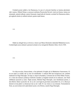 Urmând acestei arătări a lui Dumnezeu, în care el a devenit familiar cu lumina adevăratei
stări veşnice, Sfântul Siluan a cunoscut realitatea Praznicului Învierii: totul era frumos, lumea era
minunată, oamenii plăcuţi, natura frumoasă, trupul plin de lumină, cuvântul lui Dumnezeu dulce,
privegherile dorite şi sufletul milostiv pentru toată lumea.




     ***




     Odată un călugăr bun şi evlavios a văzut-o pe Maica Domnului măturând Mănăstirea Lavra.
Curând după aceea sultanul a poruncit armatei să se retragă din Muntele Athos. Era în 1928.




     ***




       Un chip nevoitor, binecuvântat, a fost părintele Evloghie de la Mănăstirea Faneromenu. El
nu era aspru cu ceilalţi, dar cu sine era neîndurător. A mâncat fără ulei treisprezece ani, urmând
rânduiala lui Hagi Gheorghe. În timp ce slujea la bucătărie, la hramul de la Chilia Sfânta Treime,
el a văzut doi demoni şezând pe farfuriile murdare şi lingând resturile de la mâncare, căci fiind
sărbătoare puseseră şi carne. După aceasta, bătrânul Hagi Gheorghe, care întotdeauna postea, a
dat diferite sfaturi ucenicilor săi. Şi ca să-i convingă de gravitatea neascultării lor, el i-a făcut pe
demoni să stea până i-a chemat pe toţi ca să-i vadă. Ei i-au văzut şi s-au minunat. Tremurând de
frică, au cerut iertare de la adevăratul ucenic a lui Hristos, marele Hagi Gheorghe.
 