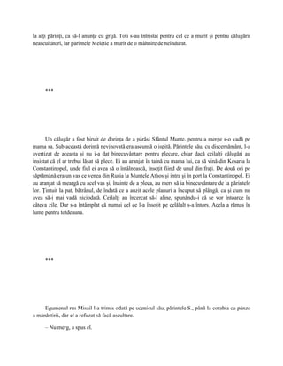 la alţi părinţi, ca să-l anunţe cu grijă. Toţi s-au întristat pentru cel ce a murit şi pentru călugării
neascultători, iar părintele Meletie a murit de o mâhnire de neîndurat.




     ***




      Un călugăr a fost biruit de dorinţa de a părăsi Sfântul Munte, pentru a merge s-o vadă pe
mama sa. Sub această dorinţă nevinovată era ascunsă o ispită. Părintele său, cu discernământ, l-a
avertizat de aceasta şi nu i-a dat binecuvântare pentru plecare, chiar dacă ceilalţi călugări au
insistat că el ar trebui lăsat să plece. Ei au aranjat în taină cu mama lui, ca să vină din Kesaria la
Constantinopol, unde fiul ei avea să o întâlnească, însoţit fiind de unul din fraţi. De două ori pe
săptămână era un vas ce venea din Rusia la Muntele Athos şi intra şi în port la Constantinopol. Ei
au aranjat să meargă cu acel vas şi, înainte de a pleca, au mers să ia binecuvântare de la părintele
lor. Ţintuit la pat, bătrânul, de îndată ce a auzit acele planuri a început să plângă, ca şi cum nu
avea să-i mai vadă niciodată. Ceilalţi au încercat să-l aline, spunându-i că se vor întoarce în
câteva zile. Dar s-a întâmplat că numai cel ce l-a însoţit pe celălalt s-a întors. Acela a rămas în
lume pentru totdeauna.




     ***




     Egumenul rus Misail l-a trimis odată pe ucenicul său, părintele S., până la corabia cu pânze
a mănăstirii, dar el a refuzat să facă ascultare.

     – Nu merg, a spus el.
 