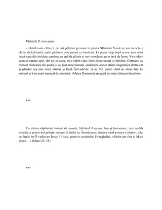Părintele Z. mi-a spus:

      – Odată i-am călăuzit pe doi pelerini germani în pustia Sfântului Vasile şi am mers la o
chilie sărăcăcioasă, unde părintele ne-a primit cu bunătate. La puţin timp după aceea, ne-a adus
două vase din tinichea umplute cu apă de ploaie şi trei smochine, pe o tavă de lemn. Ne-a oferit
această trataţie apoi, din tot ce avea, ne-a oferit cina: nişte pâine uscată şi măsline. Germanii au
mâncat mâncarea din pustie şi au fost entuziasmaţi, văzând pe aceste stânci singuratice dintre cer
şi pământ cea mai mare sărăcie şi lipsă. Într-adevăr, ei au fost uimiţi când au văzut faţa lui
voioasă şi i-au auzit mesajul de speranţă: «Maica Domnului are grijă de toate, binecuvântaţilor».




     ***




      Cu câteva săptămâni înainte de moarte, bătrânul Avacum, bun şi harismatic, care umbla
desculţ, a primit doi pelerini mireni în chilia sa. Întotdeauna zâmbea când primea vizitatori, căci
pe feţele lor Îl vedea pe Însuşi Hristos, potrivit cuvântului Evangheliei: «Străin am fost şi M-aţi
primit…» (Matei 25, 35).




     ***
 