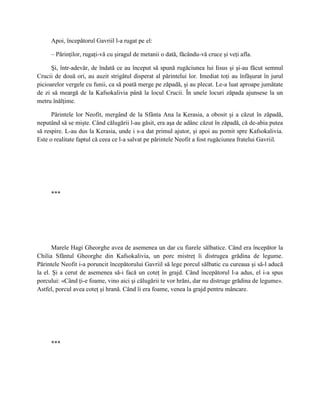 Apoi, începătorul Gavriil l-a rugat pe el:

     – Părinţilor, rugaţi-vă cu şiragul de metanii o dată, făcându-vă cruce şi veţi afla.

      Şi, într-adevăr, de îndată ce au început să spună rugăciunea lui Iisus şi şi-au făcut semnul
Crucii de două ori, au auzit strigătul disperat al părintelui lor. Imediat toţi au înfăşurat în jurul
picioarelor vergele cu funii, ca să poată merge pe zăpadă, şi au plecat. Le-a luat aproape jumătate
de zi să meargă de la Kafsokalivia până la locul Crucii. În unele locuri zăpada ajunsese la un
metru înălţime.

      Părintele lor Neofit, mergând de la Sfânta Ana la Kerasia, a obosit şi a căzut în zăpadă,
neputând să se mişte. Când călugării l-au găsit, era aşa de adânc căzut în zăpadă, că de-abia putea
să respire. L-au dus la Kerasia, unde i s-a dat primul ajutor, şi apoi au pornit spre Kafsokalivia.
Este o realitate faptul că ceea ce l-a salvat pe părintele Neofit a fost rugăciunea fratelui Gavriil.




     ***




       Marele Hagi Gheorghe avea de asemenea un dar cu fiarele sălbatice. Când era începător la
Chilia Sfântul Gheorghe din Kafsokalivia, un porc mistreţ îi distrugea grădina de legume.
Părintele Neofit i-a poruncit începătorului Gavriil să lege porcul sălbatic cu cureaua şi să-l aducă
la el. Şi a cerut de asemenea să-i facă un coteţ în grajd. Când începătorul l-a adus, el i-a spus
porcului: «Când ţi-e foame, vino aici şi călugării te vor hrăni, dar nu distruge grădina de legume».
Astfel, porcul avea coteţ şi hrană. Când îi era foame, venea la grajd pentru mâncare.




     ***
 
