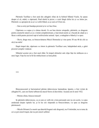 Părintele Teofilact a fost unul din călugării sfinţi de la Schitul Sfântul Vasile. Se spune
despre el că, odată, o căprioară, fiind rănită la picior, a venit lângă chilia lui şi s-a întins jos.
Părintele s-a apropiat de ea şi i-a vorbit blând, ca şi cum ar fi fost om.

     – Stai ca să-ţi pot bandaja piciorul şi te vei face bine.

      Căprioara s-a supus şi a rămas tăcută. Ca un bun doctor ortopedic, părintele, cu dragoste
pentru creaturile naturii şi cu o inimă compătimitoare, a luat două nuiele şi o bucată de cârpă şi a
făcut o atelă pentru piciorul rupt al nefericitului animal. Apoi, a mângâiat-o blând şi i-a spus:

       – Du-te, draga mea, cu binecuvântarea Maicii Domnului şi vino peste 30 sau 40 de zile ca
să-ţi iau atela!

      După timpul dat, căprioara s-a întors la părintele Teofilact care, îndepărtând atela, a găsit
piciorul complet vindecat.

      Sfârşitul acestui om a fost unul sfânt. În timpul ultimelor sale clipe faţa lui strălucea ca a
unui înger. Faţa lui era la fel de strălucitoare ca luna plină.




     ***




     Binecunoscutul şi harismaticul părinte duhovnicesc katunakian, Ignatie, a fost vizitat de
călugărul H., care era foarte tulburat de atacul fioros al diavolului. Aceasta era în anul 1922.

     – Părinte sfinte, binecuvintează!

      Şi părintele duhovnicesc, ca şi cum ar vorbi de a treia persoană care nu era acolo, i-a spus
amănunţit despre ispitele lui, şi în loc să-i răspundă cu binecuvântare, i-a spus cu dragoste
părintească:

      – Micule Hrisant (l-a numit aşa datorită bogatei sale dragoste), nu fi intimidat, nu te teme de
cei ce pot omorî trupul, dar nu pot omorî sufletul.
 