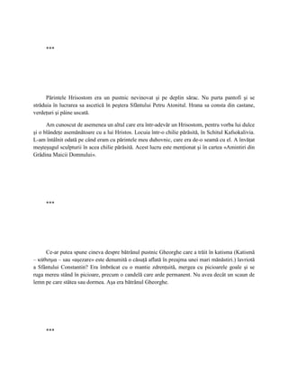 ***




      Părintele Hrisostom era un pustnic nevinovat şi pe deplin sărac. Nu purta pantofi şi se
străduia în lucrarea sa ascetică în peştera Sfântului Petru Atonitul. Hrana sa consta din castane,
verdeţuri şi pâine uscată.

      Am cunoscut de asemenea un altul care era într-adevăr un Hrisostom, pentru vorba lui dulce
şi o blândeţe asemănătoare cu a lui Hristos. Locuia într-o chilie părăsită, în Schitul Kafsokalivia.
L-am întâlnit odată pe când eram cu părintele meu duhovnic, care era de-o seamă cu el. A învăţat
meşteşugul sculpturii în acea chilie părăsită. Acest lucru este menţionat şi în cartea «Amintiri din
Grădina Maicii Domnului».




     ***




     Ce-ar putea spune cineva despre bătrânul pustnic Gheorghe care a trăit în katisma (Katismă
– κάθισμα – sau «aşezare» este denumită o căsuţă aflată în preajma unei mari mănăstiri.) lavriotă
a Sfântului Constantin? Era îmbrăcat cu o mantie zdrenţuită, mergea cu picioarele goale şi se
ruga mereu stând în picioare, precum o candelă care arde permanent. Nu avea decât un scaun de
lemn pe care stătea sau dormea. Aşa era bătrânul Gheorghe.




     ***
 