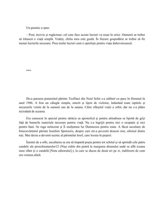 Un pustnic a spus:

      – Post, trezvie şi rugăciune; cel care face aceste lucruri va reuşi în orice. Oamenii ar trebui
să trăiască o viaţă simplă. Vedeţi, chilia mea este goală. În fiecare gospodărie ar trebui să fie
numai lucrurile necesare. Prea multe lucruri sunt o oprelişte pentru viaţa duhovnicească.




     ***




      De-a pururea pomenitul părinte Teofilact din Noul Schit s-a odihnit cu pace în Domnul în
anul 1986. A fost un călugăr simplu, smerit şi lipsit de viclenie, îndurând toate ispitele şi
necazurile venite de la oameni sau de la satana. Către sfârşitul vieţii a orbit, dar nu s-a plâns
niciodată de aceasta.

      Era cunoscut în special pentru sărăcia sa apostolică şi pentru atitudinea sa lipsită de griji
faţă de bunurile materiale necesare pentru viaţă. Nu s-a îngrijit pentru nici o ocupaţie şi nici
pentru bani. Se ruga neîncetat şi Îi mulţumea lui Dumnezeu pentru toate. A făcut ascultare de
binecuvântatul părinte Ioachim Spetsieris, despre care mi-a povestit deseori mie, ultimul dintre
toţi. Mai târziu a devenit ucenic al părintelui Iosif, care locuia în peşteri.

      Înainte de a orbi, ascultarea sa era să împartă poşta pentru tot schitul şi să aprindă cele patru
candele ale proschinatarelor12 (Nişe zidite din piatră la marginea drumului unde se află icoana
unui sfânt şi o candelă [Nota editorului].), la care se ducea de două ori pe zi, indiferent de cum
era vremea afară.
 