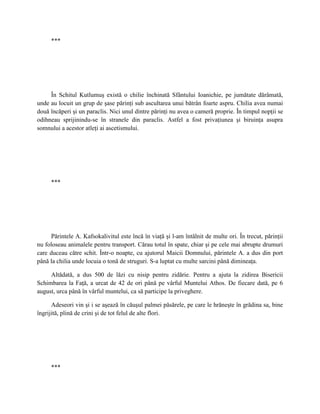***




     În Schitul Kutlumuş există o chilie închinată Sfântului Ioanichie, pe jumătate dărâmată,
unde au locuit un grup de şase părinţi sub ascultarea unui bătrân foarte aspru. Chilia avea numai
două încăperi şi un paraclis. Nici unul dintre părinţi nu avea o cameră proprie. În timpul nopţii se
odihneau sprijinindu-se în stranele din paraclis. Astfel a fost privaţiunea şi biruinţa asupra
somnului a acestor atleţi ai ascetismului.




     ***




     Părintele A. Kafsokalivitul este încă în viaţă şi l-am întâlnit de multe ori. În trecut, părinţii
nu foloseau animalele pentru transport. Cărau totul în spate, chiar şi pe cele mai abrupte drumuri
care duceau către schit. Într-o noapte, cu ajutorul Maicii Domnului, părintele A. a dus din port
până la chilia unde locuia o tonă de struguri. S-a luptat cu multe sarcini până dimineaţa.

     Altădată, a dus 500 de lăzi cu nisip pentru zidărie. Pentru a ajuta la zidirea Bisericii
Schimbarea la Faţă, a urcat de 42 de ori până pe vârful Muntelui Athos. De fiecare dată, pe 6
august, urca până în vârful muntelui, ca să participe la priveghere.

      Adeseori vin şi i se aşează în căuşul palmei păsărele, pe care le hrăneşte în grădina sa, bine
îngrijită, plină de crini şi de tot felul de alte flori.




     ***
 