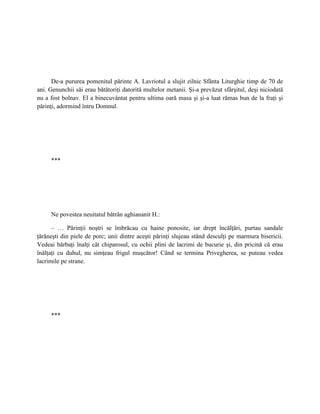 De-a pururea pomenitul părinte A. Lavriotul a slujit zilnic Sfânta Liturghie timp de 70 de
ani. Genunchii săi erau bătătoriţi datorită multelor metanii. Şi-a prevăzut sfârşitul, deşi niciodată
nu a fost bolnav. El a binecuvântat pentru ultima oară masa şi şi-a luat rămas bun de la fraţi şi
părinţi, adormind întru Domnul.




     ***




     Ne povestea neuitatul bătrân aghiananit H.:

      – … Părinţii noştri se îmbrăcau cu haine ponosite, iar drept încălţări, purtau sandale
ţărăneşti din piele de porc; unii dintre aceşti părinţi slujeau stând desculţi pe marmura bisericii.
Vedeai bărbaţi înalţi cât chiparosul, cu ochii plini de lacrimi de bucurie şi, din pricină că erau
înălţaţi cu duhul, nu simţeau frigul muşcător! Când se termina Privegherea, se puteau vedea
lacrimile pe strane.




     ***
 