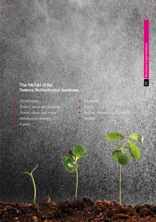 The Land of Opportunity · April 2013. Economic Development Agency of Paterna · www.edapaterna.com · info@edapaterna.es
29BusinessOrganisations
The R&D&I of the
Paterna Technological Institutes
Construction
Timber, wood and furniture
Optics, colour and image
Metallurgical industry
Plastics
Foodstuffs
Energy
Packing, transport and Logistics
Textiles
 