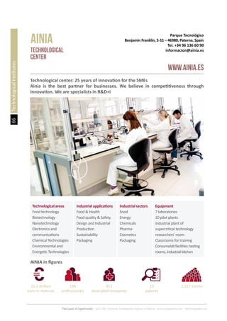 66
The Land of Opportunity · April 2013. Economic Development Agency of Paterna · www.edapaterna.com · info@edapaterna.es
Parque Tecnológico
Benjamín Franklin, 5-11 – 46980, Paterna. Spain
Tel. +34 96 136 60 90
informacion@ainia.es
AINIA
www.ainia.es
TECHNOLOGICAL
CENTER
TechnologicalInstitutes
Technological center: 25 years of innovation for the SMEs
Ainia is the best partner for businesses. We believe in competitiveness through
innovation. We are specialists in R&D+i
Technological areas
Food technology
Biotechnology
Nanotechnology
Electronics and
communications
Chemical Technologies
Environmental and
Energetic Technologies
Industrial applications
Food & Health
Food quality & Safety
Design and Industrial
Production
Sustainability
Packaging
Industrial sectors
Food
Energy
Chemicals
Pharma
Cosmetics
Packaging
Equipment
7 laboratories
10 pilot plants
Industrial plant of
supercritical technology
researchers’ room
Classrooms for training
Consumolabfacilities:testing
rooms,industrialkitchen
AINIA in figures
15.5 million
euro in revenue
19
patents
194
professionals
1,227 clients911
associated companies
 