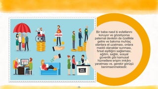 17
Bir baba nasıl ki evlatlarını
koruyor ve gözetiyorsa
paternal devletin de özellikle
gelire ve bakıma muhtaç
olanlara el uzatması, onlara
maddi olanaklar sunması,
fırsat eşitliğini sağlaması,
eğitim, sağlık, sosyal
güvenlik gibi kamusal
hizmetlere erişim imkânı
yaratması vs. gerekir görüşü
benimsenmektedir.
 