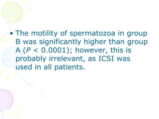 <ul><li>The motility of spermatozoa in group B was significantly higher than group A ( P  < 0.0001); however, this is prob...