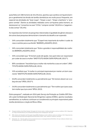Paternidade e o Mundo do Trabalho 51
quisa feita com 386 homens de 18 a 59 anos, apontou que a prática corriqueira (sem-
pre e geralmente) da divisão de tarefas domésticas era muito pouco frequente, em
especial nas atividades de “lavar roupa”, “limpar a casa”, “limpar o banheiro” e “pre-
parar comida”. Dentre as atividades relatadas como corriqueiras pelos homens, se
destacaram os “consertos na casa” (75%); “comprar comida” (50,6%) e o “pagamen-
to das contas” (45,4%).
As respostas dos homens às perguntas relacionadas à igualdade de gênero dessas e
de outras duas pesquisas demonstram o tamanho do desafio a ser superado:
ƒƒ 54% concordam totalmente que “O papel mais importante da mulher é cuidar da
casa e cozinhar para a sua família” (BARKER y AGUAYO, 2012);
ƒƒ 36% concordam totalmente que “Evitar a gravidez é responsabilidade das mulhe-
res (BARKER y AGUAYO, 2012);
ƒƒ 43% concordam que “O homem pode até ajudar, mas quem deve ser responsável
por cuidar da casa é a mulher” (INSTITUTO AVON/ DATA POPULAR, 201342
);
ƒƒ 89% consideram “Inaceitável que a mulher não mantenha a casa em ordem”; (INS-
TITUTO AVON/ DATA POPULAR, 2013);
ƒƒ 53% acreditam que “A mulher é a principal responsável por manter um bom casa-
mento” (INSTITUTO AVON/ DATA POPULAR, 2013);
ƒƒ 63,8% concordam totalmente ou parcialmente que “Os homens devem ser a ca-
beça da casa” (IPEA, 201343
);
ƒƒ 54,9% concordam totalmente ou parcialmente que “Tem mulher que é para casar,
tem mulher que é pra cama” (IPEA, 2013).
Outra pesquisa44
, realizada em 2016 pelo Serviço de Proteção ao Crédito (SPC Bra-
sil) e pela Confederação Nacional de Dirigentes Lojistas (CNDL), aponta resultados
semelhantes: as mulheres continuam se considerando as principais responsáveis pelas
tarefas domésticas e criação de filhos e filhas.
42.	 Pesquisa Instituto Avon/Data Popular. Percepção dos homens sobre a violência doméstica contra as mulheres. 2013. Disponível
em: http://centralmulheres.com.br/data/avon/Pesquisa-Avon-Datapopular-2013.pdf
43.	IPEA. Sistema de Indicadores de Percepção Social (SIPS): Tolerância social à violência contra as mulheres. 2013. Disponível em:
http://www.ipea.gov.br/portal/images/stories/PDFs/SIPS/140327_sips_violencia_mulheres_novo.pdf
44.	 Disponível em: http://g1.globo.com/economia/concursos-e-emprego/noticia/2016/06/so-36-das-mulheres-dividem-tare-
fas-domesticas-com-marido-diz-pesquisa.html
 