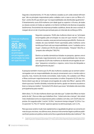 52 situação da paternidade no brasil
Segundo o levantamento, 57,7% das mulheres casadas ou em união estável afirmam
que “são as principais responsáveis pelos cuidados com a casa e com os filhos e fi-
lhas”, contra 36,4% que dizem que “as responsabilidades são distribuídas igualmente”.
O levantamento ouviu 810 mulheres com idade igual ou superior a 18 anos, de todas
as classes sociais em todas as capitais e no interior do Brasil e de diversas ocupações
(autônomas, funcionárias de empresas privadas e públicas, donas de casa e outras). A
margem de erro é de 3,5 pontos percentuais para um intervalo de confiança a 95%.
Segundo a pesquisa, 70,8% das mulheres dizem ser as “principais
encarregadas pela arrumação na casa em que moram”. Entre as
mulheres casadas, esse percentual avança para 80,8%. Outras ati-
vidades de casa também foram apontadas pelas mulheres como
tarefas que ficam sob sua responsabilidade, como “cuidados com a
roupa”, citados por 69,5% das entrevistadas, “limpeza” (66,5%), e
“preparo das refeições” (66,2%).
Dentre as tarefas domésticas listadas na pesquisa, apenas uma é
apontada majoritariamente como responsabilidade dos homens,
com apenas 22,6% das mulheres se dizendo encarregadas do ser-
viço: “pequenos consertos e reparos, como troca de lâmpadas e
desentupimento de pias”.
A pesquisa também mostra que 25,4% das mulheres casadas que se sentem sobre-
carregadas com as responsabilidades da casa já conversaram com o marido sobre o
assunto, mas, mesmo ele tendo concordado, nada mudou. Os cuidados com filhos
e filhas continuam majoritariamente associados à mulher. Enquanto 63,3% das mu-
lheres dizem que são as “principais encarregadas de cuidar dos filhos”, apenas 16%
dizem que essa “tarefa é dividida, incluindo dar banho, ajudar em deveres escolares e
levar a criança ao médico”. Somente 0,3% dizem que essas “atividades são exercidas
principalmente pelo marido”.
Além disso, 71,1% das mulheres dizem que são elas que “cuidam dos filhos na maior
parte do dia”. Para as mães que trabalham fora, “os(as) avós das crianças” são os(as)
mais citados(as) como os responsáveis pelos cuidados com elas, com 10,6% das res-
postas. Em seguida estão “creche” (2,9%), “escola em tempo integral” (2,2%) e “ou-
tro parente” (1,7%). O “marido” aparece apenas na sétima posição, com 1,1%.
Para que esse cenário mude mais rapidamente e a igualdade de gênero se converta em
mais do que uma tese, nos últimos anos, diversos instrumentos legais e políticas públi-
casforampostosemprática,tendocomofocoagarantiadedireitosdasmulheres45
.No
45.	 CriaçãodaSecretariaEspecialdePolíticasparaasMulheres(SPM,2002);PolíticaNacionaldeAtençãoIntegralàSaúdedaMulher
(2004);ProgramaPró-EquidadedeGênero(2005);Lei11.340(LeiMariadaPenha,2006);PolíticaNacionaldePlanejamentoFami-
Entre as mulheres
casadas,
80,8%dizem ser
as principais
encarregadas pela
arrumação na casa
em que moram.
 