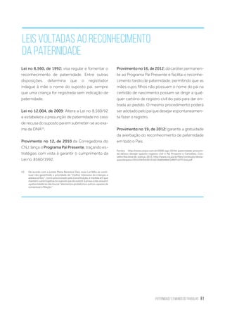 Paternidade e o Mundo do Trabalho 61
Provimentono16,de2012:dácaráterpermanen-
te ao Programa Pai Presente e facilita o reconhe-
cimento tardio de paternidade, permitindo que as
mães cujos filhos não possuam o nome do pai na
certidão de nascimento possam se dirigir a qual-
quer cartório de registro civil do país para dar en-
trada ao pedido. O mesmo procedimento poderá
seradotadopelopaiquedesejarespontaneamen-
te fazer o registro.
Provimento no 19, de 2012: garante a gratuidade
da averbação do reconhecimento de paternidade
em todo o Pais.
Fontes: http://www.conjur.com.br/2009-ago-03/lei-paternidade-presumi-
da-deixou-desejar-quesito-registro-civil e Pai Presente e Certidões. Con-
selho Nacional de Justiça, 2015. http://www.cnj.jus.br/files/conteudo/desta-
ques/arquivo/2015/04/b550153d316d6948b61dfbf7c07f13ea.pdf
Lei no 8.560, de 1992: visa regular e fomentar o
reconhecimento de paternidade. Entre outras
disposições, determina que o registrador
indague à mãe o nome do suposto pai, sempre
que uma criança for registrada sem indicação de
paternidade.
Lei no 12.004, de 2009: Altera a Lei no 8.560/92
e estabelece a presunção de paternidade no caso
de recusa do suposto pai em submeter-se ao exa-
me de DNA53
.
Provimento no 12, de 2010 da Corregedoria do
CNJ: lança o Programa Pai Presente, traçando es-
tratégias com vista à garantir o cumprimento da
Lei no  8560/1992.
53.	 De acordo com a jurista Maria Berenice Dias, essa Lei falha ao conti-
nuar não garantindo a prioridade do “melhor interesse de crianças e
adolescentes”, como preconizado pela Constituição, à medida em que
mantém a prerrogativa do suposto pai de resistir à prova e não assumir
a paternidade se não houve “elementos probatórios outros capazes de
comprovar a filiação.”
Leis voltadas ao reconhecimento
da paternidade
 