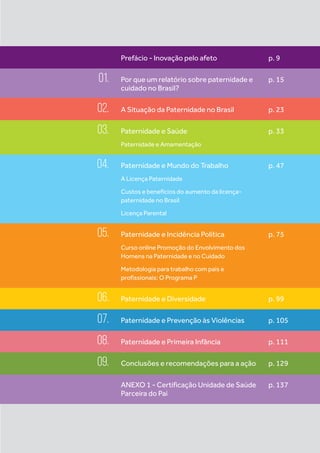 Prefácio - Inovação pelo afeto
Por que um relatório sobre paternidade e
cuidado no Brasil?
A Situação da Paternidade no Brasil
Paternidade e Saúde
Paternidade e Amamentação
Paternidade e Mundo do Trabalho
A Licença Paternidade
Custos e benefícios do aumento da licença-
paternidade no Brasil
Licença Parental
Paternidade e Incidência Política
Curso online Promoção do Envolvimento dos
Homens na Paternidade e no Cuidado
Metodologia para trabalho com pais e
profissionais: O Programa P
Paternidade e Diversidade
Paternidade e Prevenção às Violências
Paternidade e Primeira Infância
Conclusões e recomendações para a ação
ANEXO 1 - Certificação Unidade de Saúde
Parceira do Pai
01.
02.
03.
04.
05.
06.
07.
08.
09.
p. 9
p. 15
p. 23
p. 33
p. 47
p. 75
p. 99
p. 105
p. 111
p. 129
p. 137
 