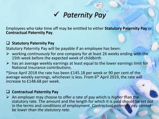  Paternity Pay
Employees who take time off may be entitled to either Statutory Paternity Pay or
Contractual Paternity Pay.
 Statutory Paternity Pay
Statutory Paternity Pay will be payable if an employee has been:
 working continuously for one company for at least 26 weeks ending with the
15th week before the expected week of childbirth
 has an average weekly earnings at least equal to the lower earnings limit for
National Insurance contributions.
*Since April 2018 the rate has been £145.18 per week or 90 per cent of the
average weekly earnings, whichever is less. From 6th April 2019, the rate will
increase to £148.68 per week.
 Contractual Paternity Pay
 An employer may choose to offer a rate of pay which is higher than the
statutory rate. The amount and the length for which it is paid should be set out
in the terms and conditions of employment. Contractual paternity pay cannot
be lower than the statutory rate.
 
