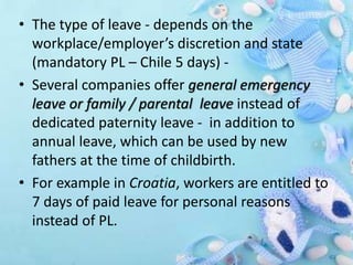 • The type of leave - depends on the
workplace/employer’s discretion and state
(mandatory PL – Chile 5 days) -
• Several companies offer general emergency
leave or family / parental leave instead of
dedicated paternity leave - in addition to
annual leave, which can be used by new
fathers at the time of childbirth.
• For example in Croatia, workers are entitled to
7 days of paid leave for personal reasons
instead of PL.
 
