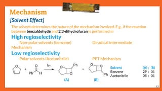 Mechanism
[Solvent Effect]
12
The solvent determines the nature of the mechanism involved. E.g., if the reaction
between benzaldehyde and 2,3-dihydrofuran is performed in
High regioselectivity
Non-polar solvents (benzene) Diradical intermediate
Mechanism
Low regioselectivity
Polar solvents (Acetonitrile) PET Mechanism
Solvent (A) : (B)
Benzene 29 : 01
Acetonitrile 05 : 01
(A) (B)
 