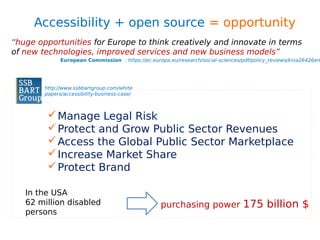 Accessibility + open source = opportunity
“huge opportunities for Europe to think creatively and innovate in terms
of new technologies, improved services and new business models”
European Commission : https://ec.europa.eu/research/social-sciences/pdf/policy_reviews/kina26426en
Manage Legal Risk
Protect and Grow Public Sector Revenues
Access the Global Public Sector Marketplace
Increase Market Share
Protect Brand
In the USA
62 million disabled
persons
purchasing power 175 billion $
http://www.ssbbartgroup.com/white
papers/accessibility-business-case/
 