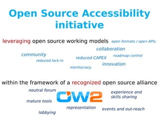 leveraging open source working models
collaboration
innovation
meritocracy
within the framework of a recognized open source alliance
reduced CAPEX
open formats / open APIs
roadmap control
reduced lock-in
community
Open Source Accessibility
initiative
lobbying
events and out-reachrepresentation
experience and
skills sharing
mature tools
neutral forum
 