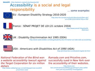 Accessibility is a social and legal
responsibility
 EU : European Disability Strategy 2010-2020
 France : SÉNAT PROJET DE LOI (21 octobre 2004)
 UK : Disability Discrimination Act 1995 (DDA)
 USA : Americans with Disabilities Act of 1990 (ADA)
http://www.out-
law.com/en/articles/2004/august/travel-sites-settle-
new-york-accessibility-investigation/
Ramada.com and Priceline.com,
successfully sued in New York over
the accessibility of their websites.
http://www.webcredible.com/blog/disability-discrimination-act-dda-web-accessibility/
http://jimthatcher.com/book2/chapter16.html
WebAIM : http://webaim.org/articles/laws/world/
http://eur-lex.europa.eu/LexUriServ/LexUriServ.do?
uri=COM:2010:0636:FIN:en:PDF
http://www.senat.fr/leg/tas04-
018.html
… some examples
National Federation of the Blind won
a website accessibility lawsuit against
the Target Corporation for six million
dollars
http://www.ssbbartgroup.com/whitepapers/accessibilit
y-business-case/
 