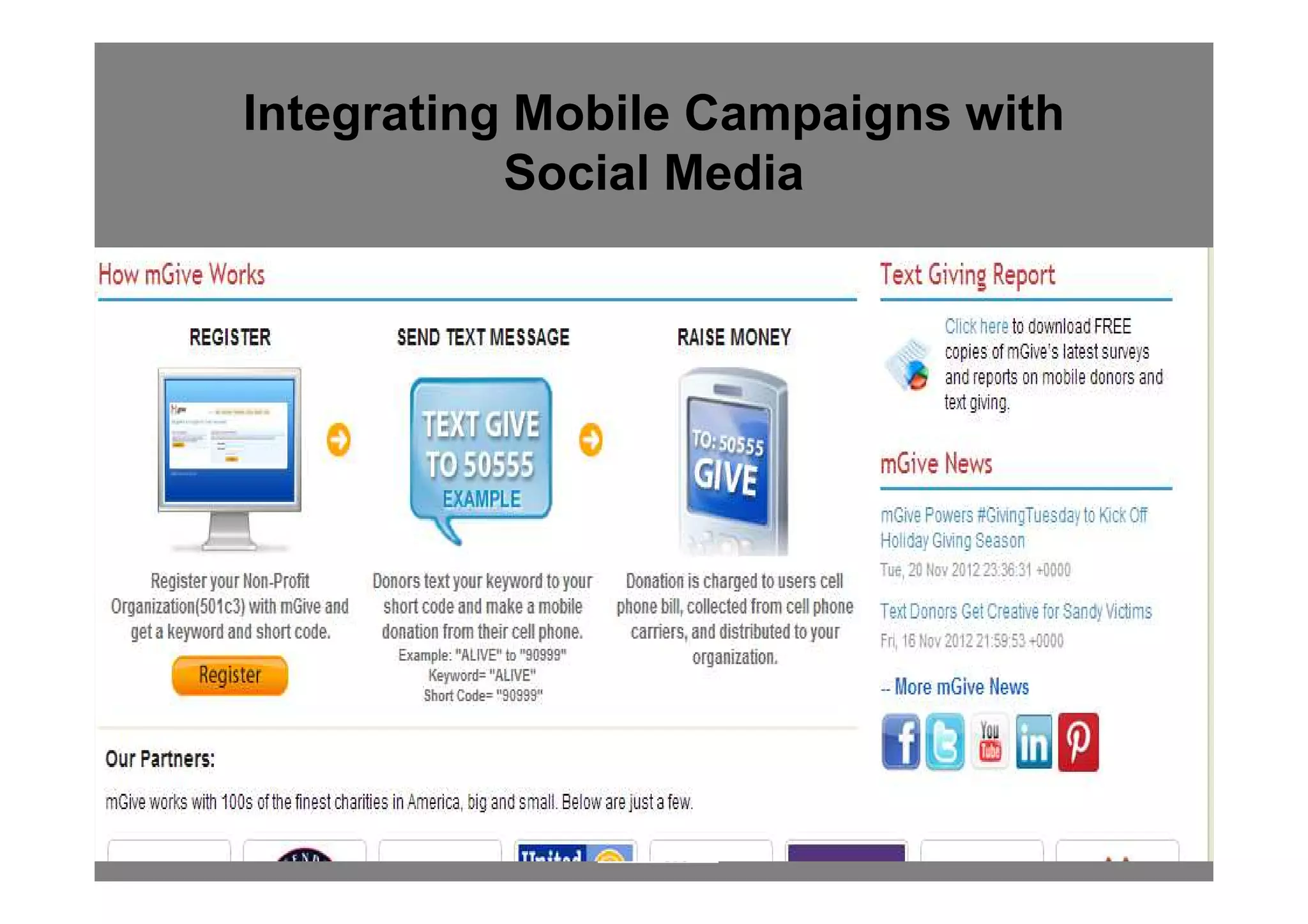 Integrating Mobile Campaigns with
           Social Media




                .
 