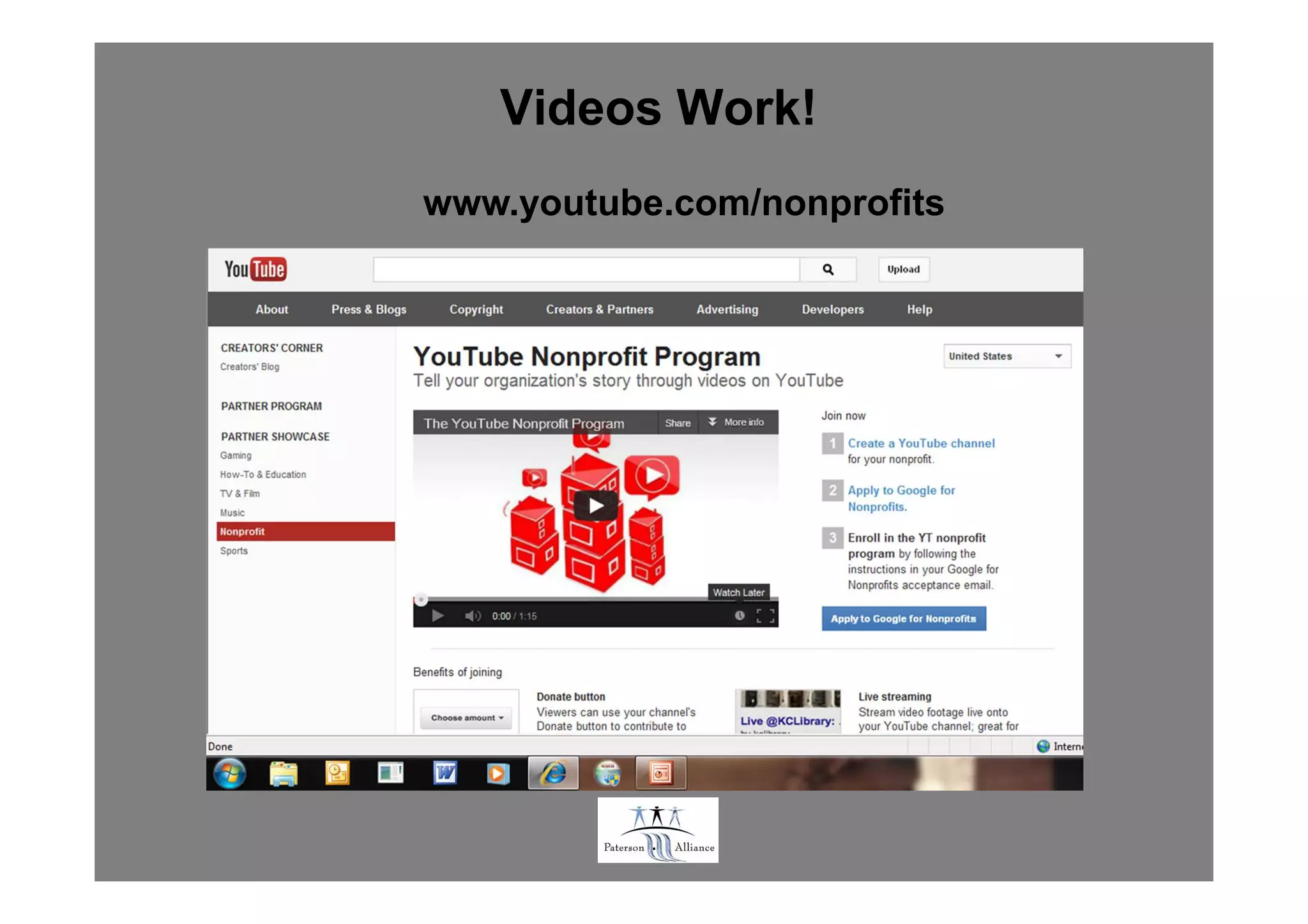 Videos Work!
www.youtube.com/nonprofits




           .
 