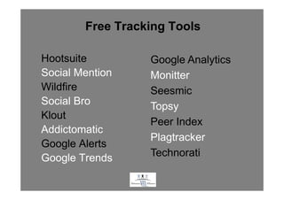 Free Tracking Tools

Hootsuite            Google Analytics
Social Mention       Monitter
Wildfire             Seesmic
Social Bro           Topsy
Klout
                     Peer Index
Addictomatic
                     Plagtracker
Google Alerts
Google Trends        Technorati

                 .
 
