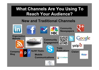 What Channels Are You Using To
        Reach Your Audience?
          New and Traditional Channels
                                           Community
                                           Newspapers

 Organization
 Website
                              Community
                              Engagement

                                      Trade
Company         NJ/NY Radio           Publications
                                                     Cision
Blog               Mobile
                   Communications

                                 .
 