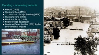 ● Historic (1903)
● Hurricane Diane (1955)
● 13 occasions of major flooding (1979)
● Hurricane Irene (2011)
● Hurricane Sandy (2012)
● Neighborhood devastation
● Combined Sewer Outflow (CSO) & other
environmental impacts
Flooding - Increasing Impacts
19032007
 