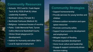 Community Resources
• Schools: PS12 and Dr. Frank Napier
Tech (K-8); PS28 (PreK-8); Urban
Leadership Academy
• Northside Library (Temple St.)
• Northside Firehouse (Matlock St)
• Religious - numerous houses of worship
• Parks - Cobb Memorial Park; Tyrone
Collins Memorial Basketball Courts;
Clinton Street playground (in
development)
• Habitat for Humanity and other CBO’s
• Local & regional employment
Community Strategies
• Support homeownership
• Provide services for young families and
children
• Enhance outdoor recreation and open
space resources
• Promote community safety
• Support local economic development
and employment
• Mitigate impact of flooding
• Promote equitable development
• Honor local culture and leadership
• Engage & support community-driven
decision-making
 