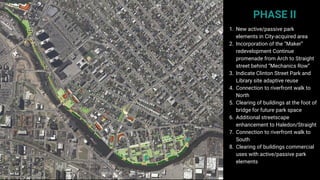PHASE II
1. New active/passive park
elements in City-acquired area
2. Incorporation of the “Maker”
redevelopment Continue
promenade from Arch to Straight
street behind “Mechanics Row”
3. Indicate Clinton Street Park and
Library site adaptive reuse
4. Connection to riverfront walk to
North
5. Clearing of buildings at the foot of
bridge for future park space
6. Additional streetscape
enhancement to Haledon/Straight
7. Connection to riverfront walk to
South
8. Clearing of buildings commercial
uses with active/passive park
elements
 