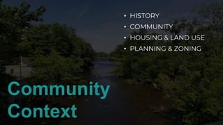 Community
Context
• HISTORY
• COMMUNITY
• HOUSING & LAND USE
• PLANNING & ZONING
 
