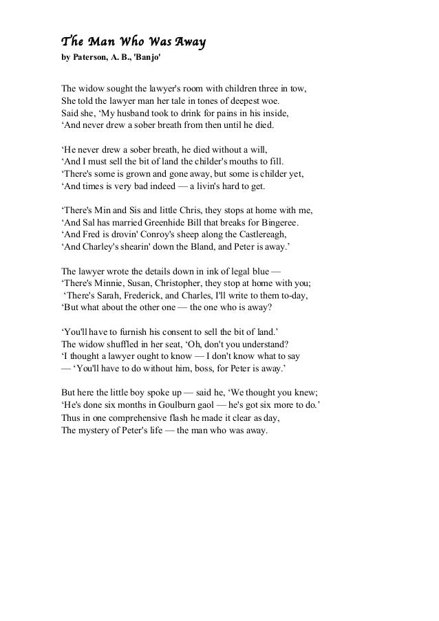 The Man Who Was Away By Paterson A B Banjo The Widow Sought The Man Who Was Away By Paterson A B Banjo The Widow Sought