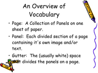 An Overview of Vocabulary Page:  A Collection of Panels on one sheet of paper. Panel:  Each divided section of a page containing it's own image and/or text.  Gutter:  The (usually white) space that divides the panels on a page.  