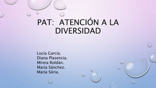 PAT: ATENCIÓN A LA
DIVERSIDAD
Lucía García.
Diana Plasencia.
Mireia Roldán.
María Sánchez.
María Sória.
 