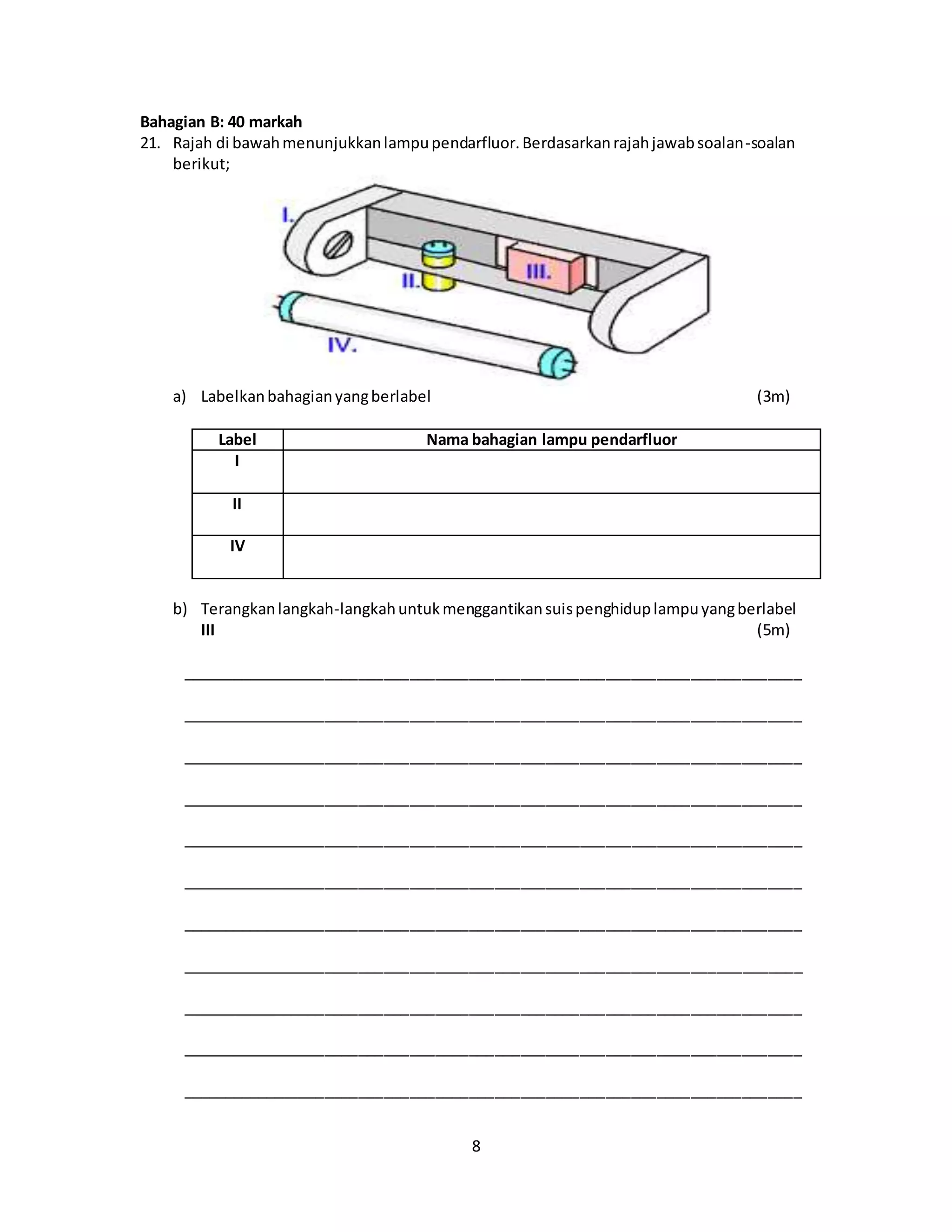 8
Bahagian B: 40 markah
21. Rajah di bawahmenunjukkanlampupendarfluor.Berdasarkanrajahjawabsoalan-soalan
berikut;
a) Labelkanbahagianyangberlabel (3m)
Label Nama bahagian lampu pendarfluor
I
II
IV
b) Terangkanlangkah-langkahuntukmenggantikansuispenghiduplampuyangberlabel
III (5m)
_________________________________________________________________________
_________________________________________________________________________
_________________________________________________________________________
_________________________________________________________________________
_________________________________________________________________________
_________________________________________________________________________
_________________________________________________________________________
_________________________________________________________________________
_________________________________________________________________________
_________________________________________________________________________
_________________________________________________________________________
 