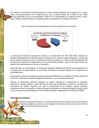 Con relación a los índices de aprovechamiento, el mismo estudio estableció que la fracción con el mayor
índice de aprovechamiento es la Inorgánica de la cual, el estudio revela que al 2006, de las 1786,5
Ton/mes generadas, solo se comercializaban 1045,79 Ton, representados en materia de Vidrio, Cartón,
Papel, Plástico, metales ferrosos, la cantidad restante, se depositan en los rellenos sanitarios.



               Figura 6: Estado de aprovechamiento de residuos inorgánicos en el Quindío.



.




La Corporación Autónoma Regional del Quindío, en cumplimiento del PAT 2007-2009, desarrollo el
programa departamental de aprovechamiento y valorización de residuos sólidos inorgánicos, a través del
cual se están construyendo once (11) centros de acopio municipales y un centro de acopio departamental
el cual se tiene previsto su entrega final en el mes de diciembre del 2009, cada uno de estos centros, con
dotación de maquinaria para su manejo y valorización.

Adicionalmente, con este proyecto, la Corporación Autónoma Regional del Quindío, esta apoyando a los
municipios para la implementación de sus Planes de Gestión de residuos Sólidos en el componente de
aprovechamiento.

Este proyecto cuenta con el aporte y el apoyo económico del Ministerio de Ambiente, Vivienda y Desarrollo
Territorial, la Corporación Autónoma Regional del Quindío y los municipios participantes.

Además, la Corporación Autónoma Regional, ha venido, impulsando el componente de educación
ambiental en residuos sólidos a través del Servicio Social del Estudiantado en todos los municipios del
componente del Quindío, logrando que sean los estudiantes de los colegios, quienes participan
activamente en sus comunidades, a través del apoyo de campañas de manejo adecuado de residuos, para
lo cual, se cuenta con la participación de mas de 400 estudiantes, capacitados por la CRQ y la UNICEF.



RESIDUOS PELIGROSOS

Corporación Autónoma Regional del Quindío, ha venido realizando control y seguimiento a los generadores
de residuos o desechos peligrosos, para lo cual, ha realizado 3 inventarios sobre la materia, con el fin de
identificar el estado del arte relacionado con el tema:




                                                                                                        53
 