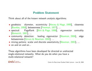 Problem Statement
Think about all of the known network analysis algorithms:

• geodesics: diameter, eccentricity [Harary &...